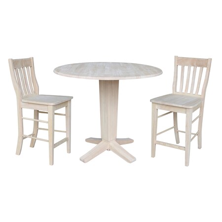 International Concepts 42 in Round Drop Leaf Counter Height Dining Table with 2 Stools in Unfinished - 3 Piece Set K-42DPT-23B-S6162-2